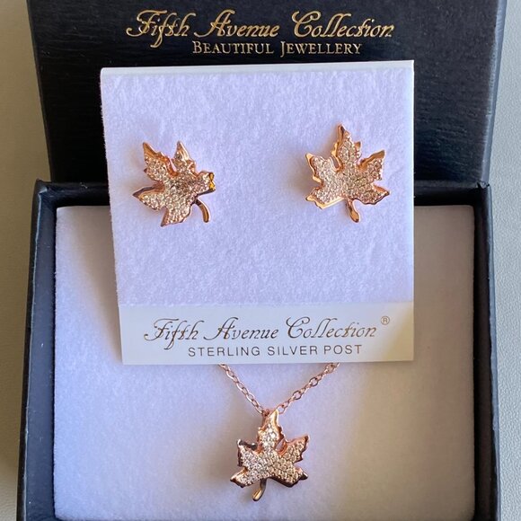 Rose Gold Cubic Zirconia Maple Leaf Earrings & Necklace - Picture 1 of 6